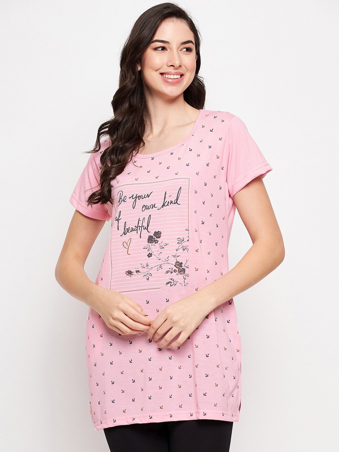 

VERO AMORE Round Neck Printed Cotton Lounge T-shirt, Pink