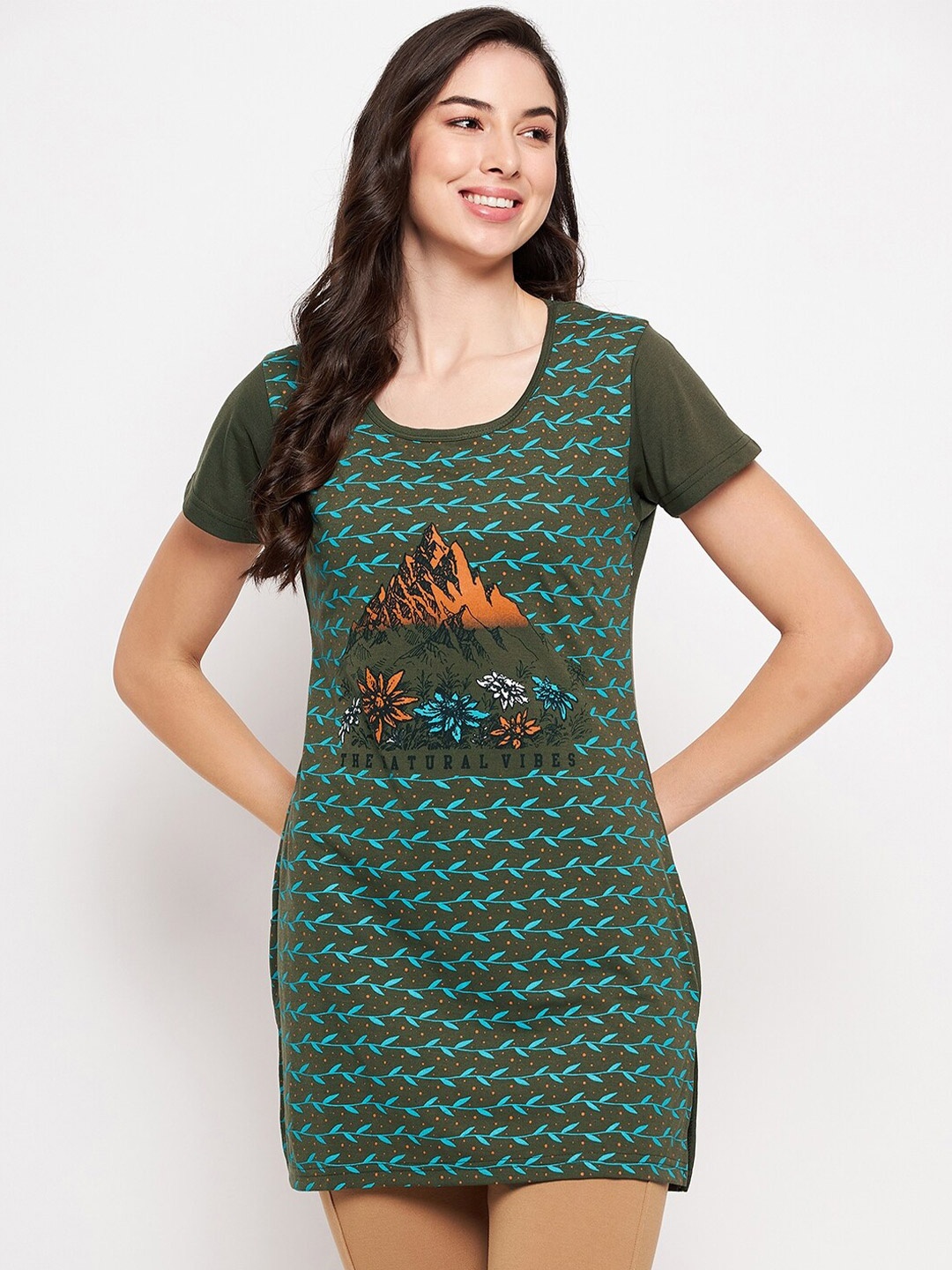 

VERO AMORE Printed Cotton Longline Lounge T-shirt, Olive