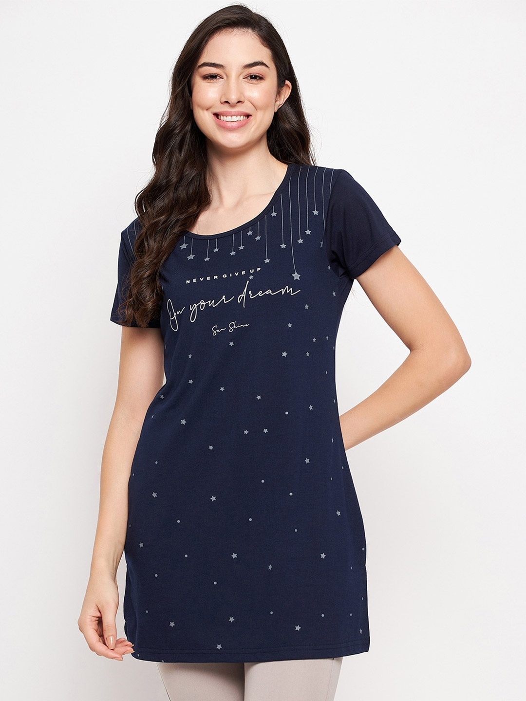 

VERO AMORE Printed Cotton Longline Lounge T-shirt, Navy blue