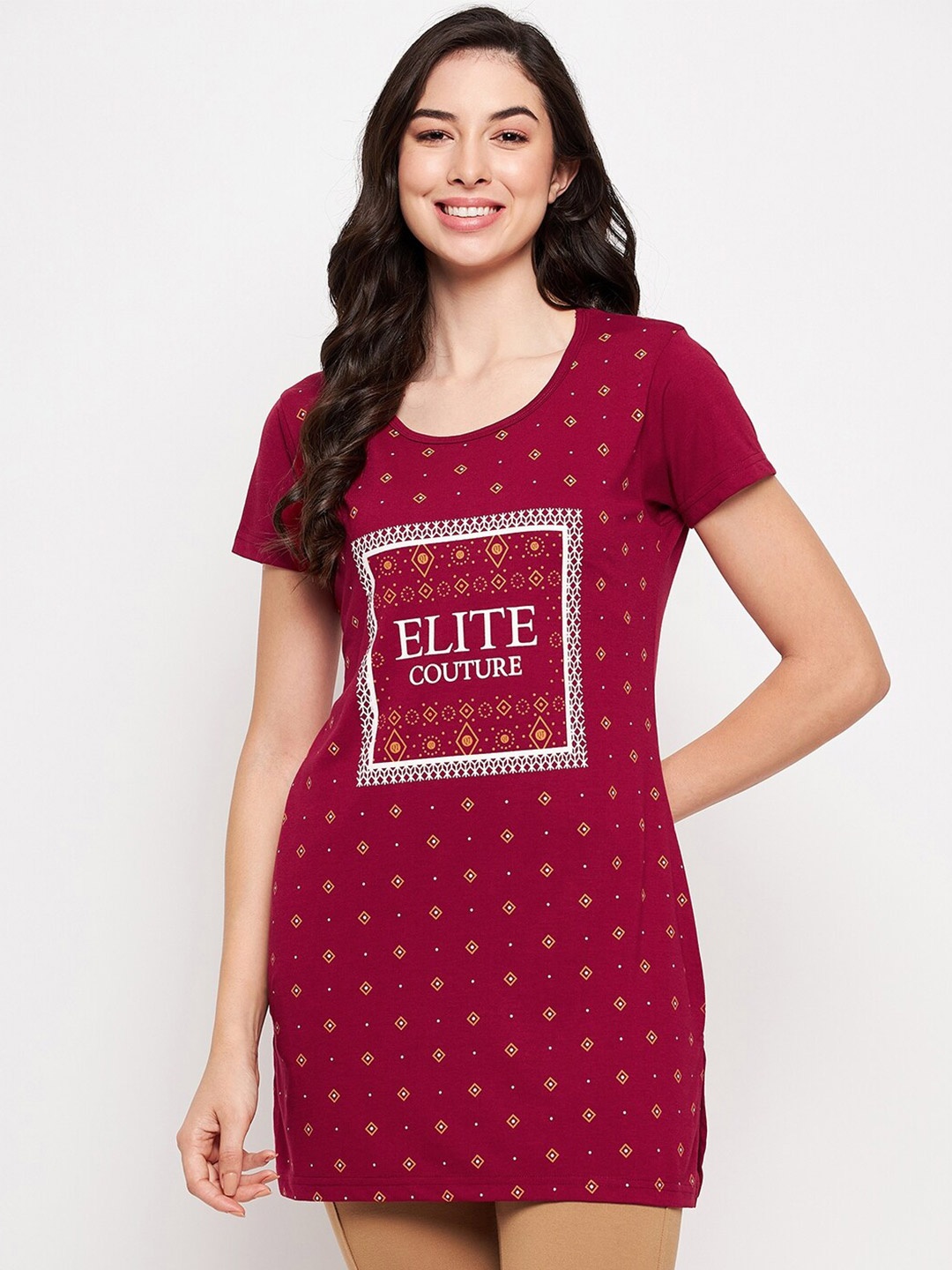 

VERO AMORE Printed Cotton Longline Lounge T-shirt, Maroon