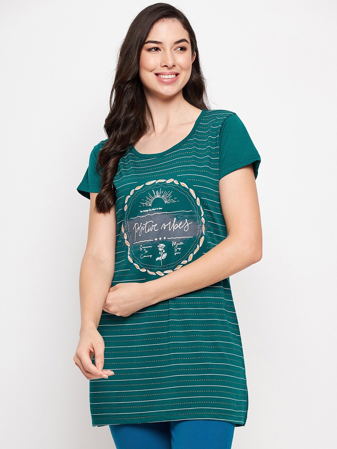 

VERO AMORE Printed Cotton Longline lounge T-shirt, Teal