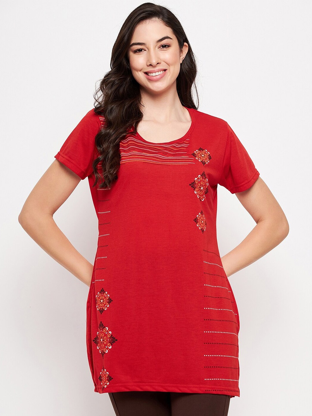 

VERO AMORE Printed Cotton Longline lounge T-shirt, Red