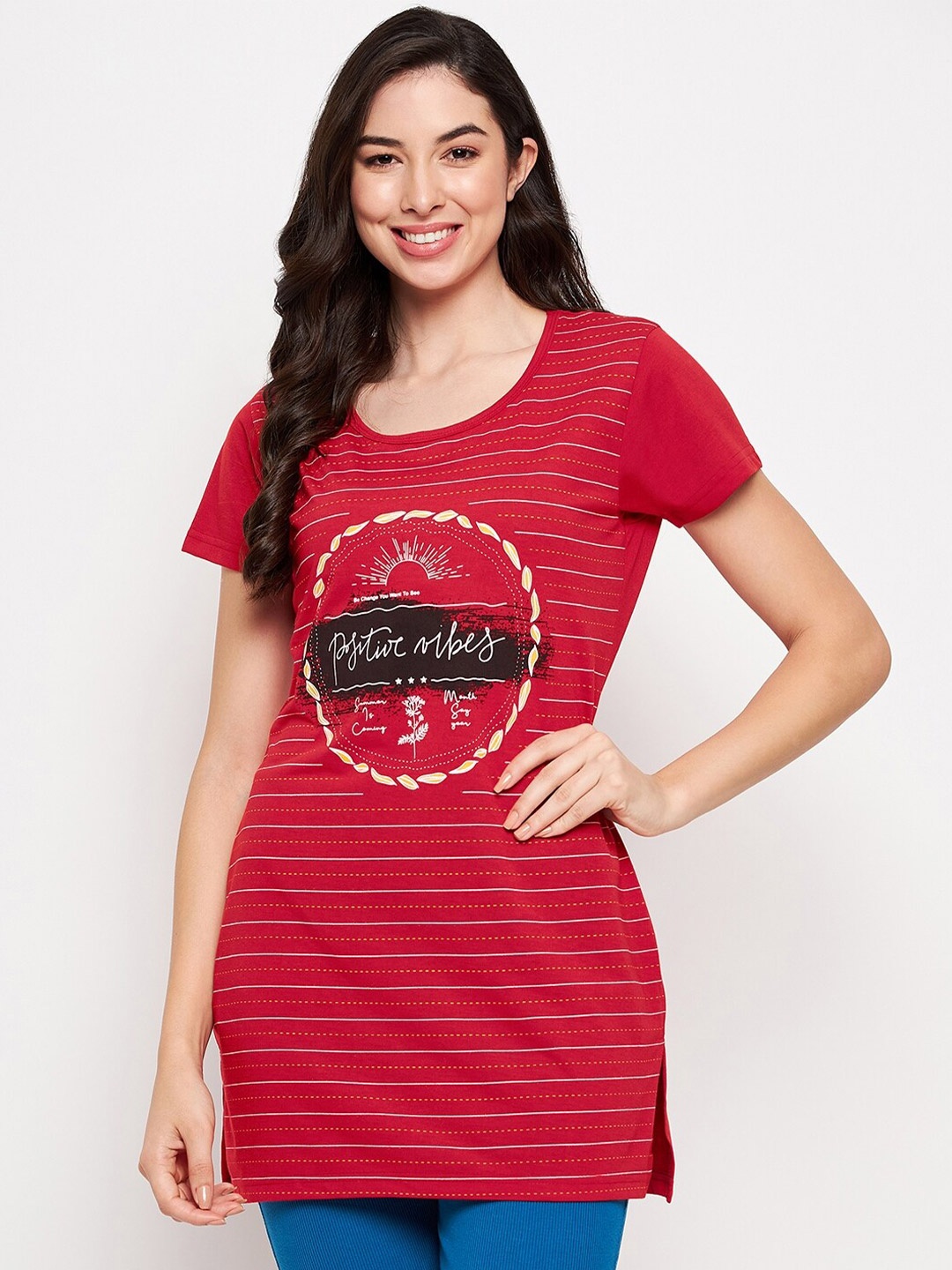 

VERO AMORE Round Neck Printed Cotton Lounge T-shirt, Red