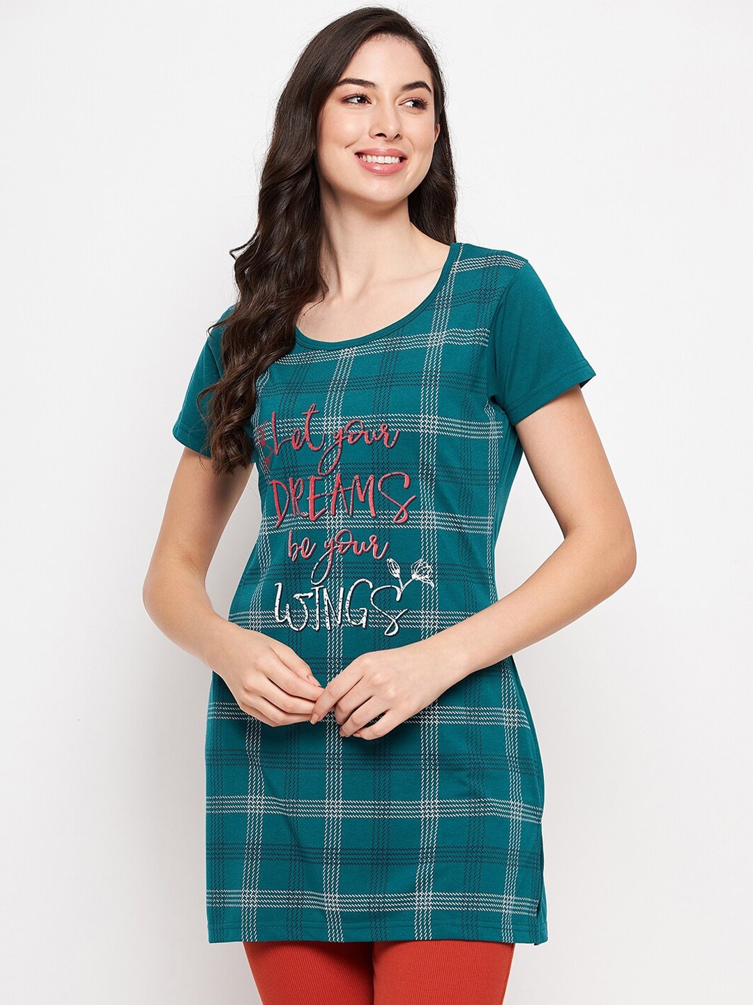 

VERO AMORE Checked Longline Cotton T-shirt, Teal