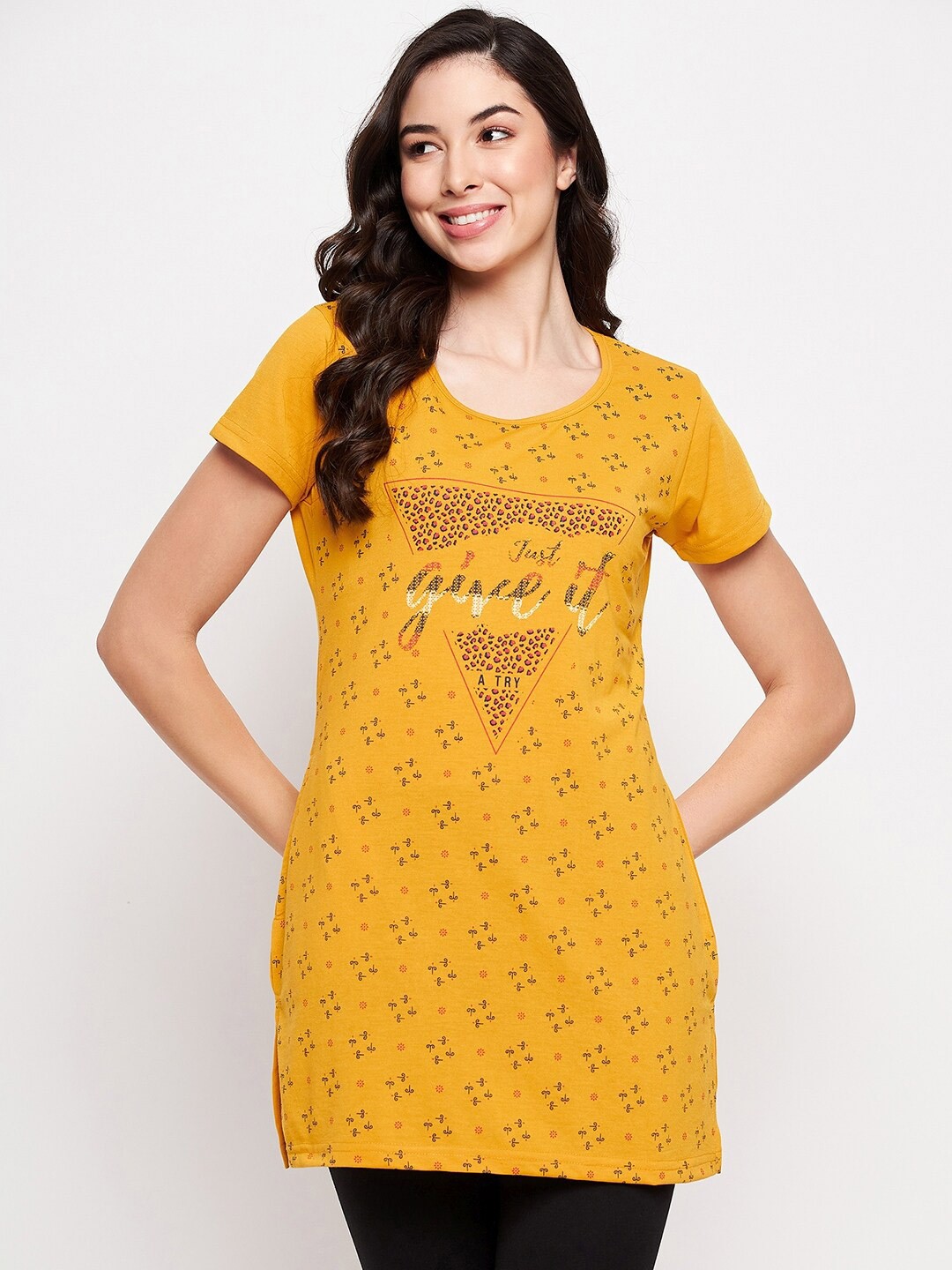 

VERO AMORE Typography Printed Longline Cotton T-shirt, Yellow