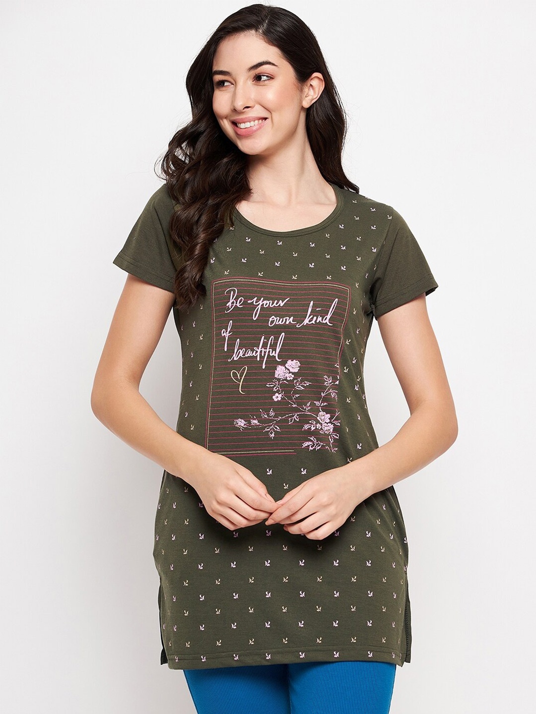 VERO AMORE Typography Printed Cotton Lounge T-shirt, Olive