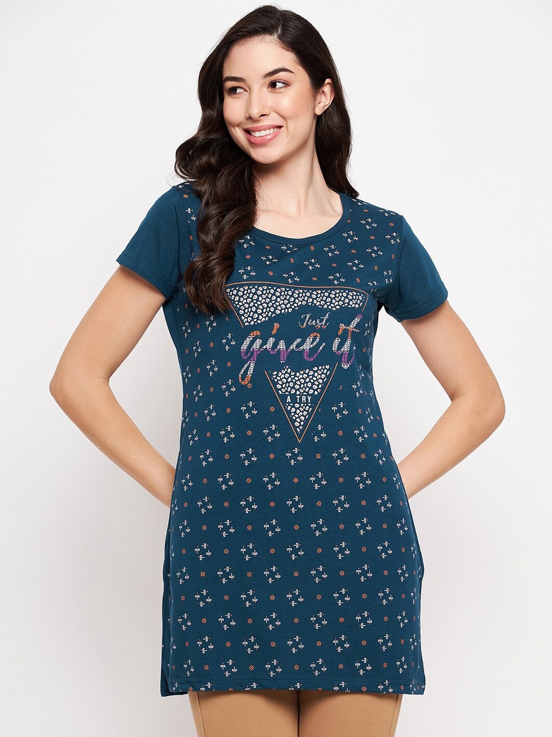 

VERO AMORE Printed Longline Cotton Lounge T-shirt, Teal