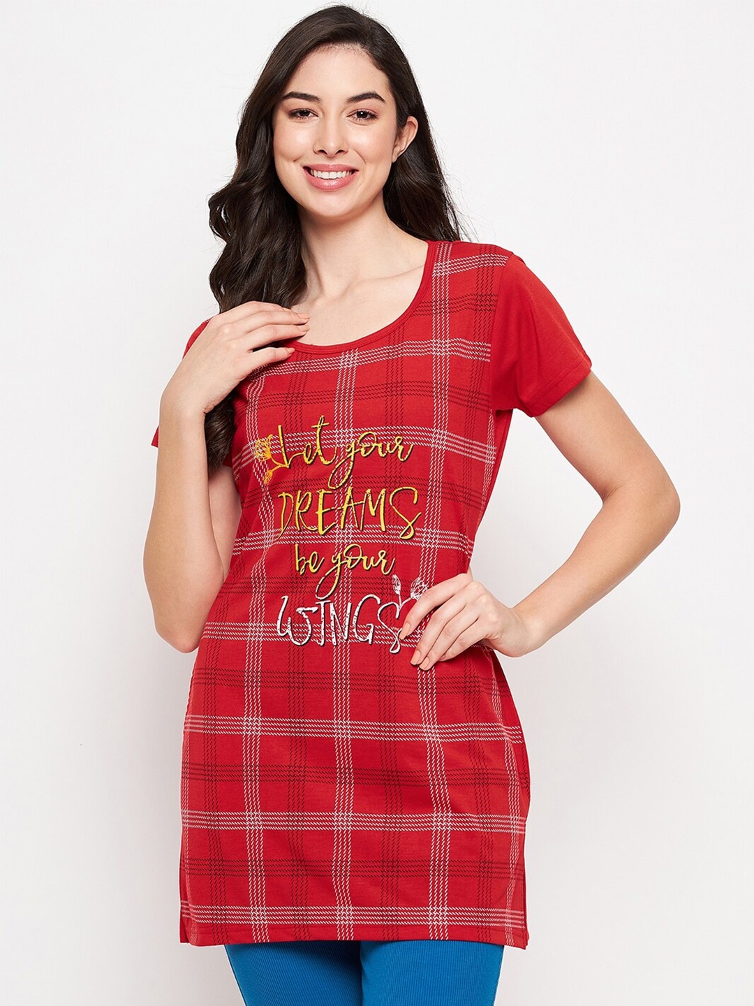 

VERO AMORE Printed Longline Cotton Lounge T-shirt, Red