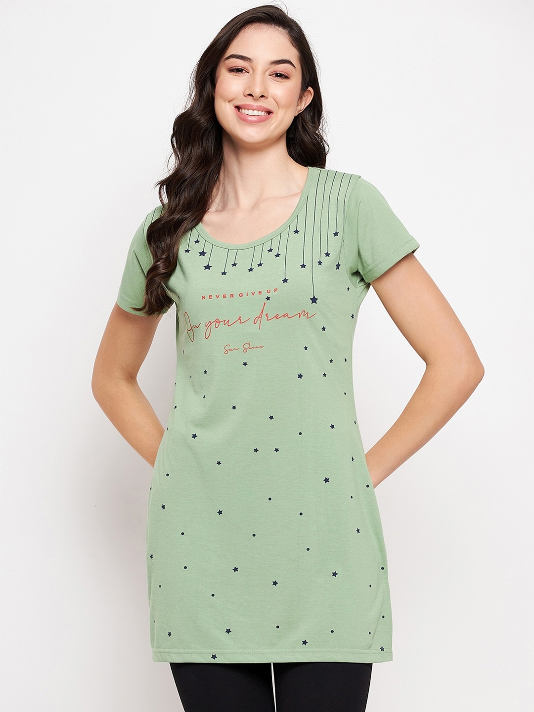 

VERO AMORE Printed Longline Cotton Lounge T-shirt, Green