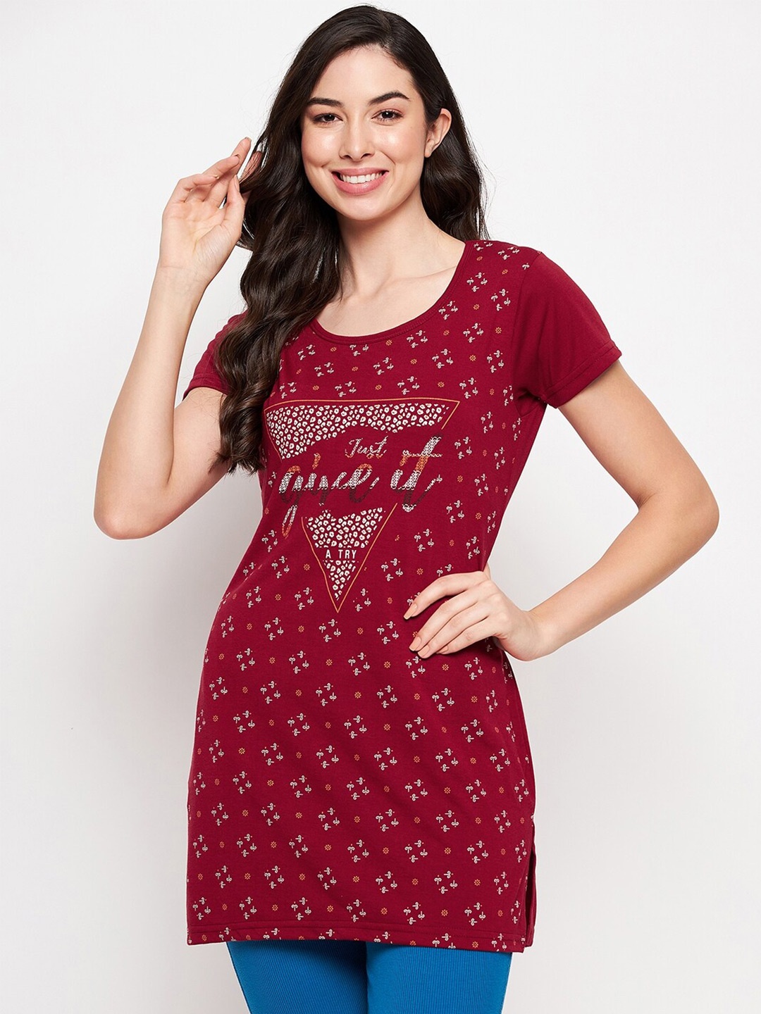 

VERO AMORE Graphic Round Neck Cotton Causal T-Shirt, Maroon