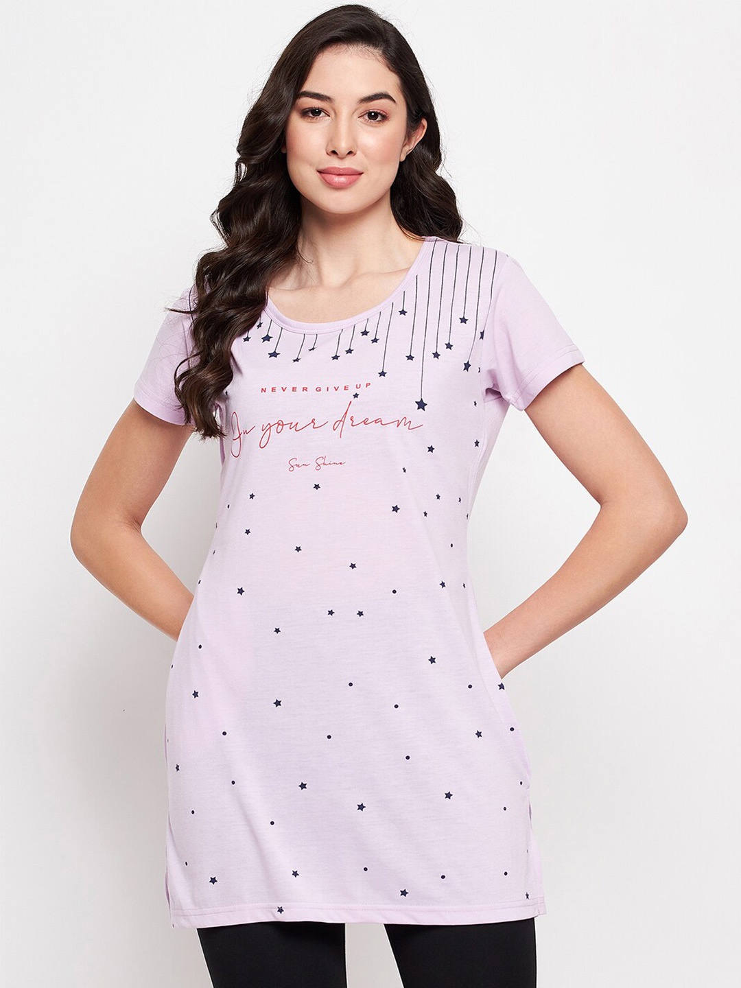 

VERO AMORE Geometric Printed Round Neck Causal T-shirt, Lavender