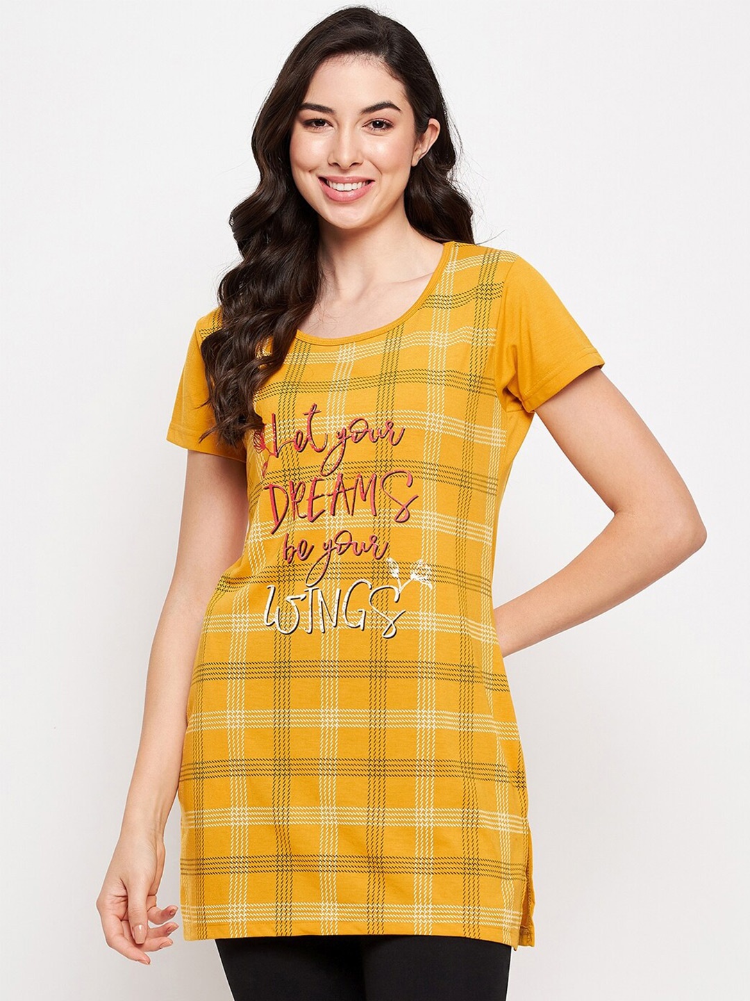 

VERO AMORE Typography Round Neck Cotton Causal T-shirt, Yellow