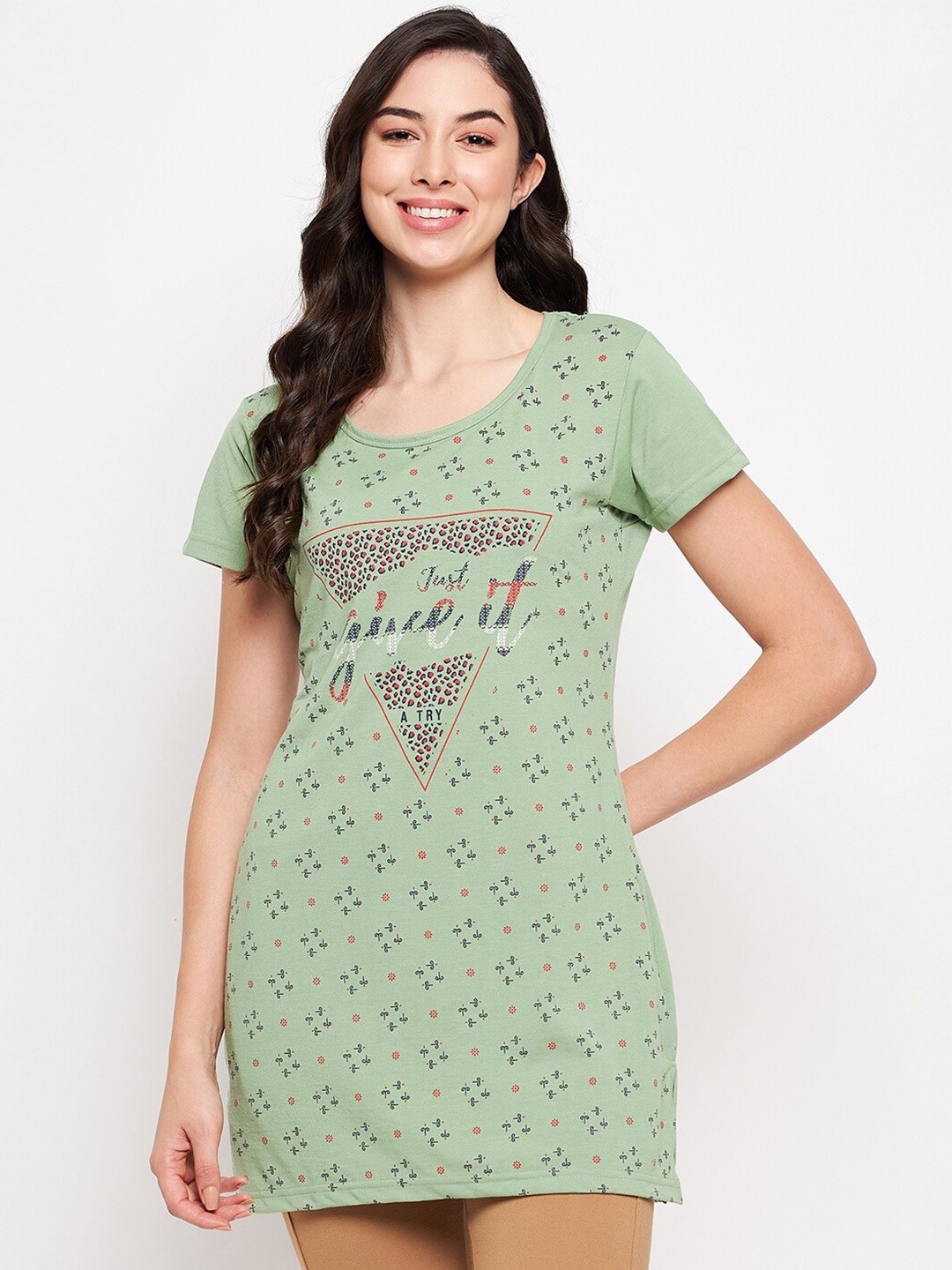 

VERO AMORE Graphic Printed Longline Cotton T-shirt, Green