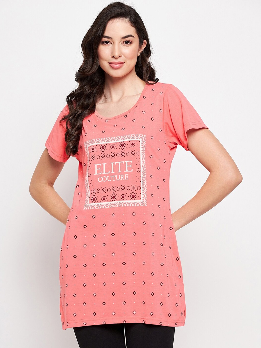 VERO AMORE Graphic Printed Longline Cotton T-shirt, Peach