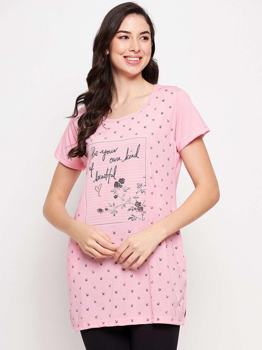 

VERO AMORE Graphic Printed Longline Cotton T-shirt, Pink