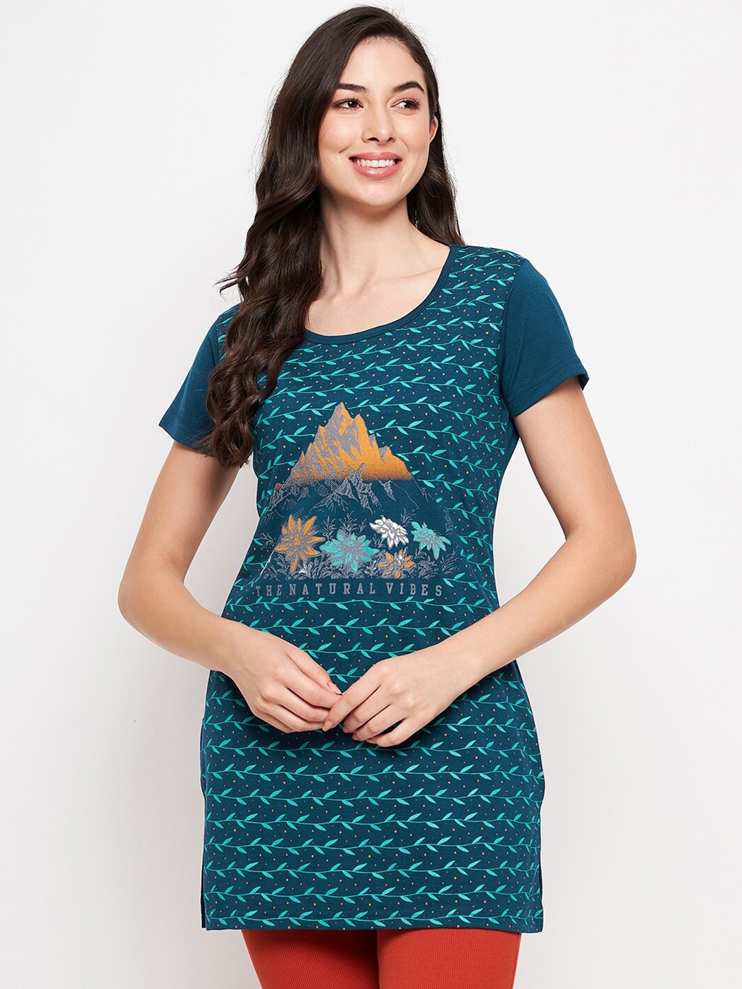 

VERO AMORE Graphic Printed Longline Cotton T-shirt, Blue