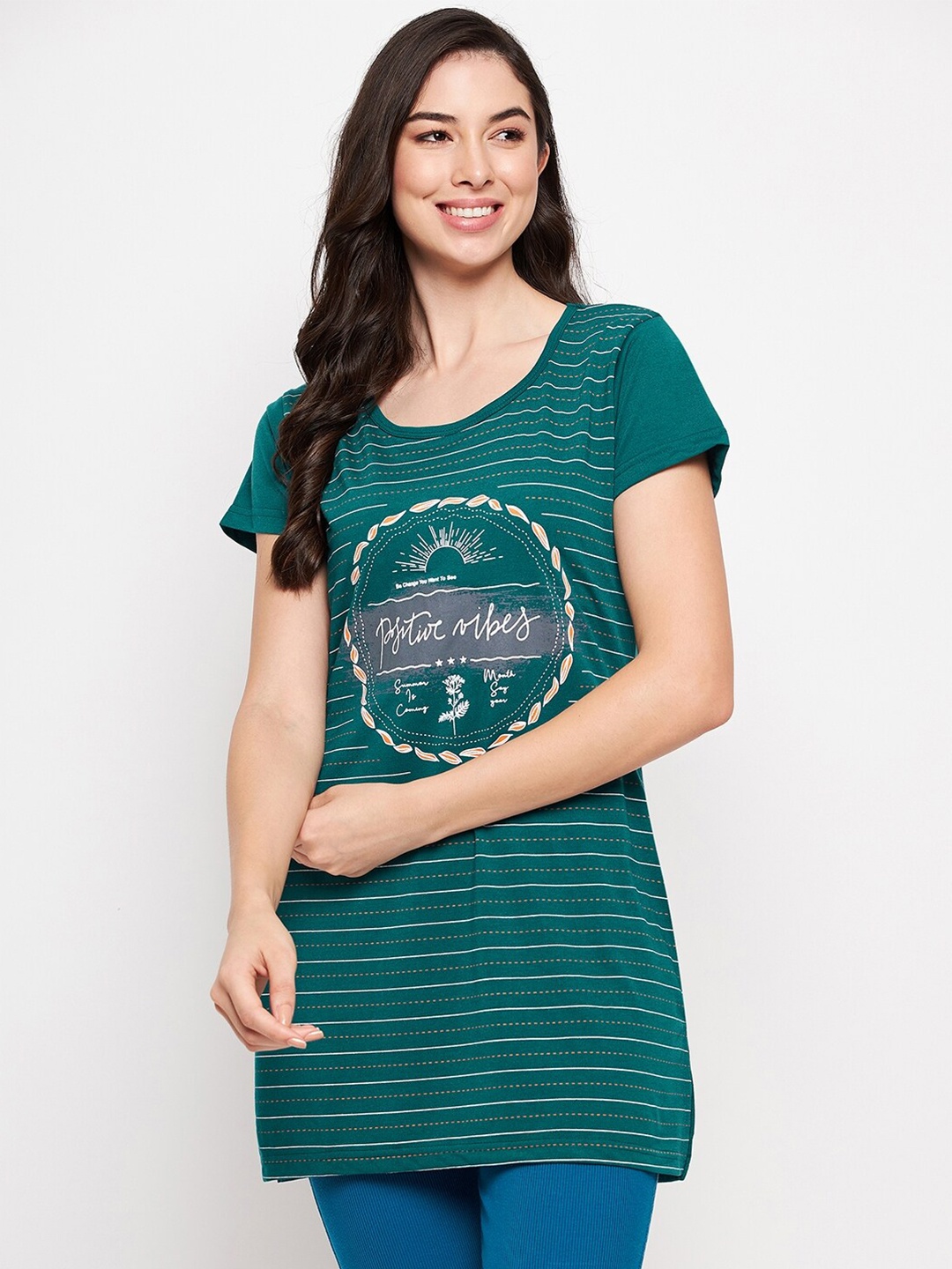 

VERO AMORE Striped Longline Cotton T-shirt, Teal