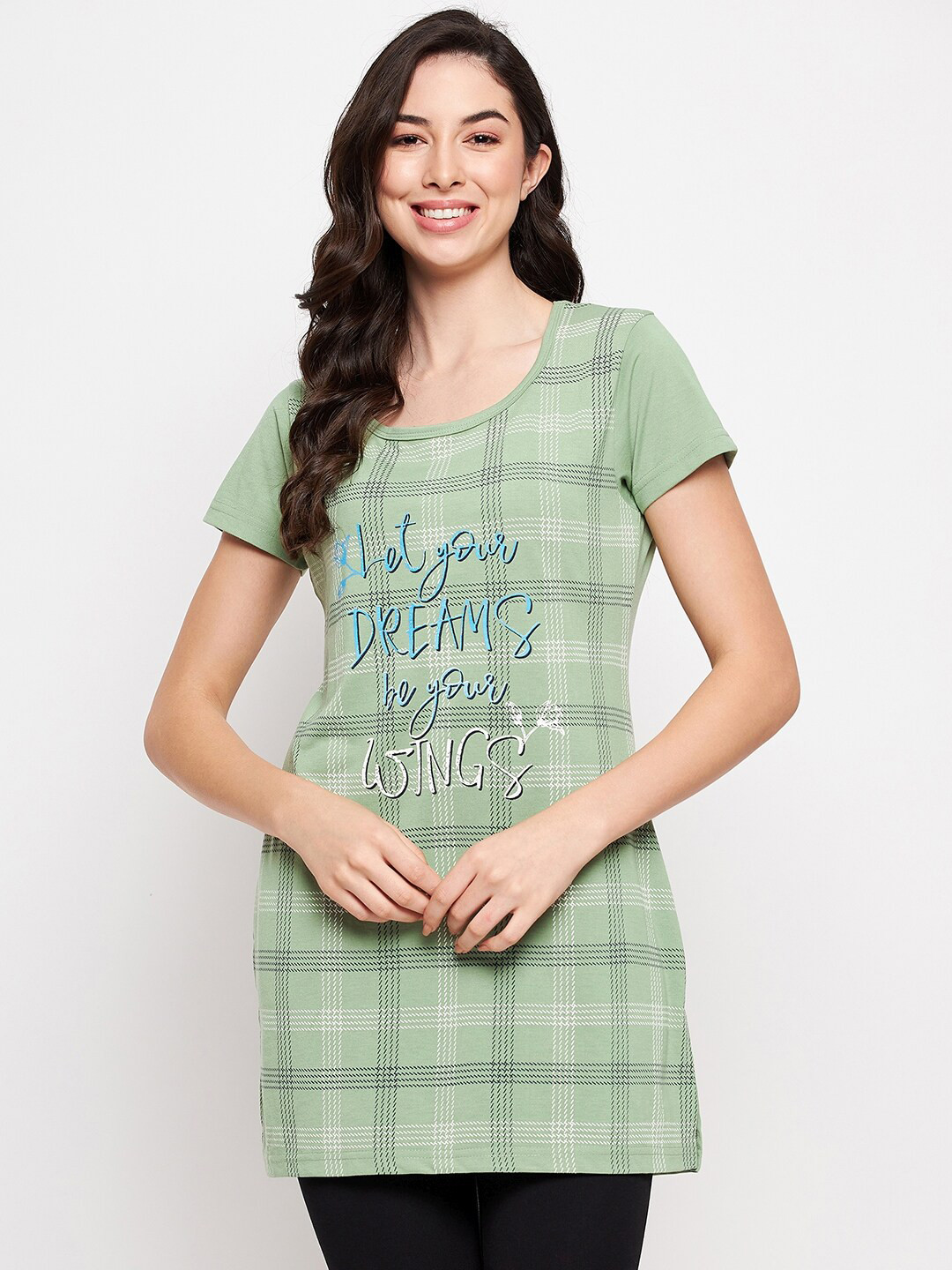 

VERO AMORE Checked Longline Cotton T-shirt, Green