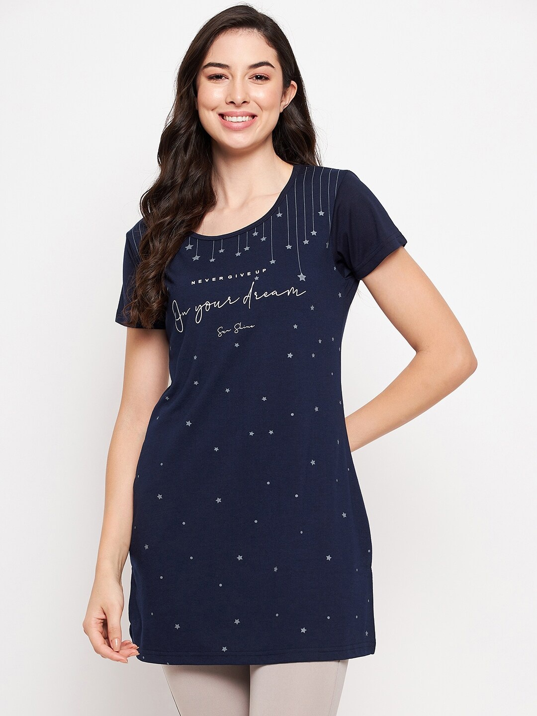 

VERO AMORE Typography Printed Longline Cotton T-shirt, Navy blue