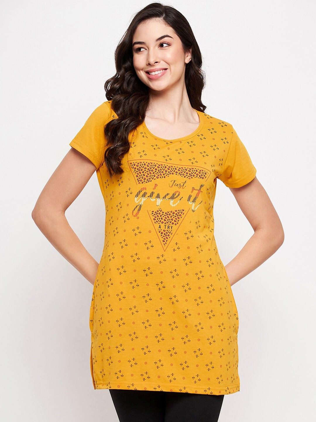 

VERO AMORE Typography Printed Longline Cotton T-shirt, Yellow