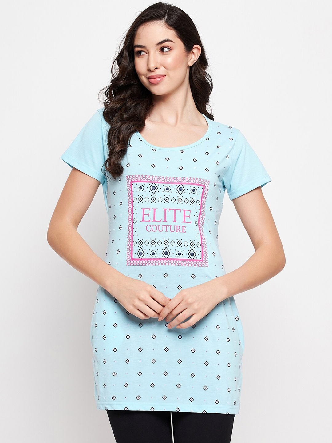 

VERO AMORE Typography Printed Cotton Knitted Longline Lounge T-shirt, Blue