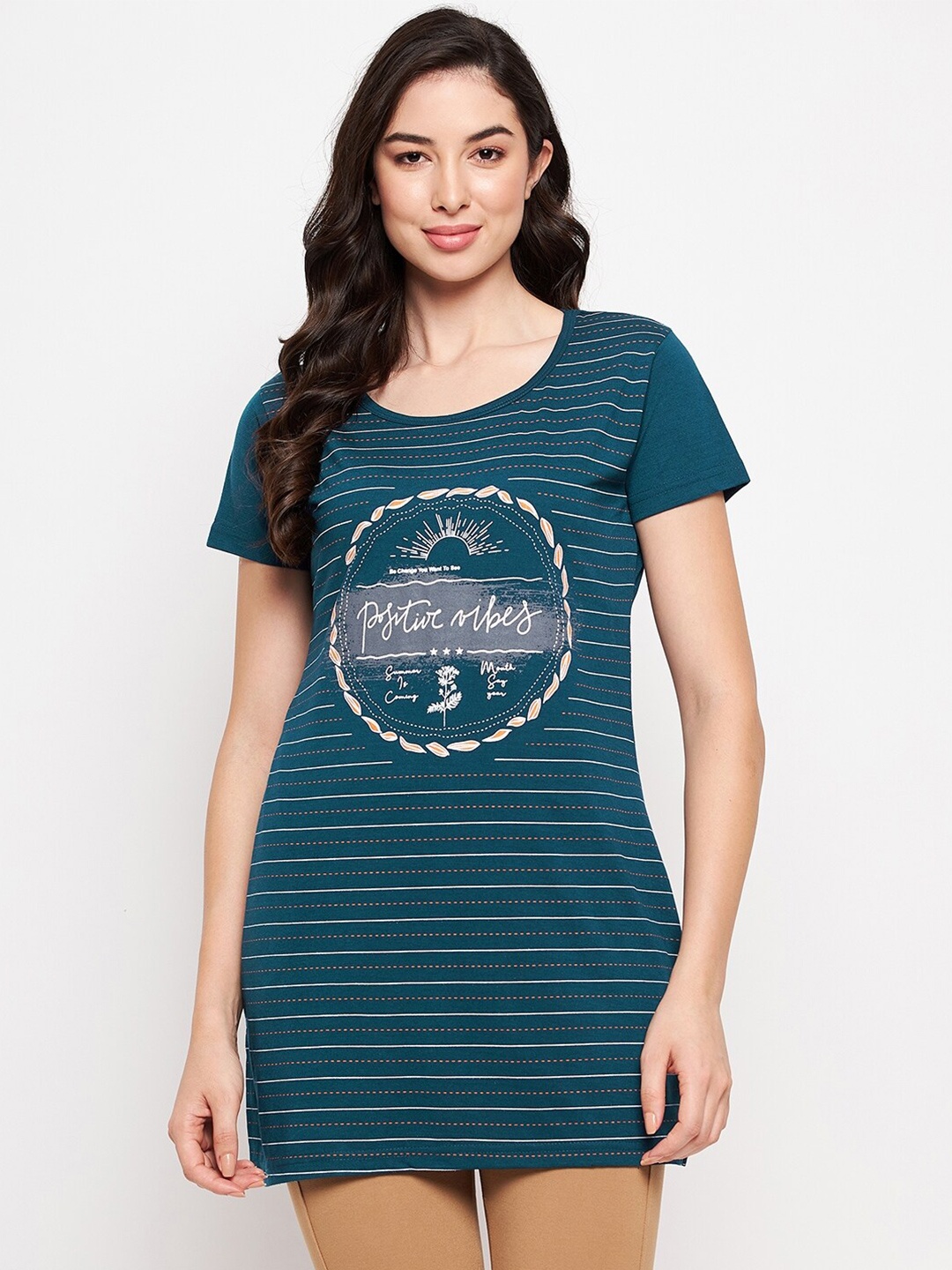 

VERO AMORE Typography Printed Cotton Knitted Longline Lounge T-shirt, Teal