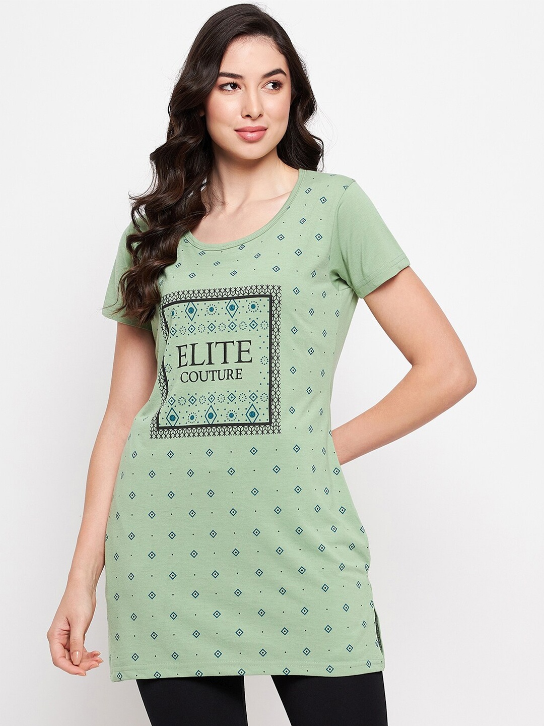 

VERO AMORE Typography Printed Cotton Knitted Longline Lounge T-shirt, Sea green