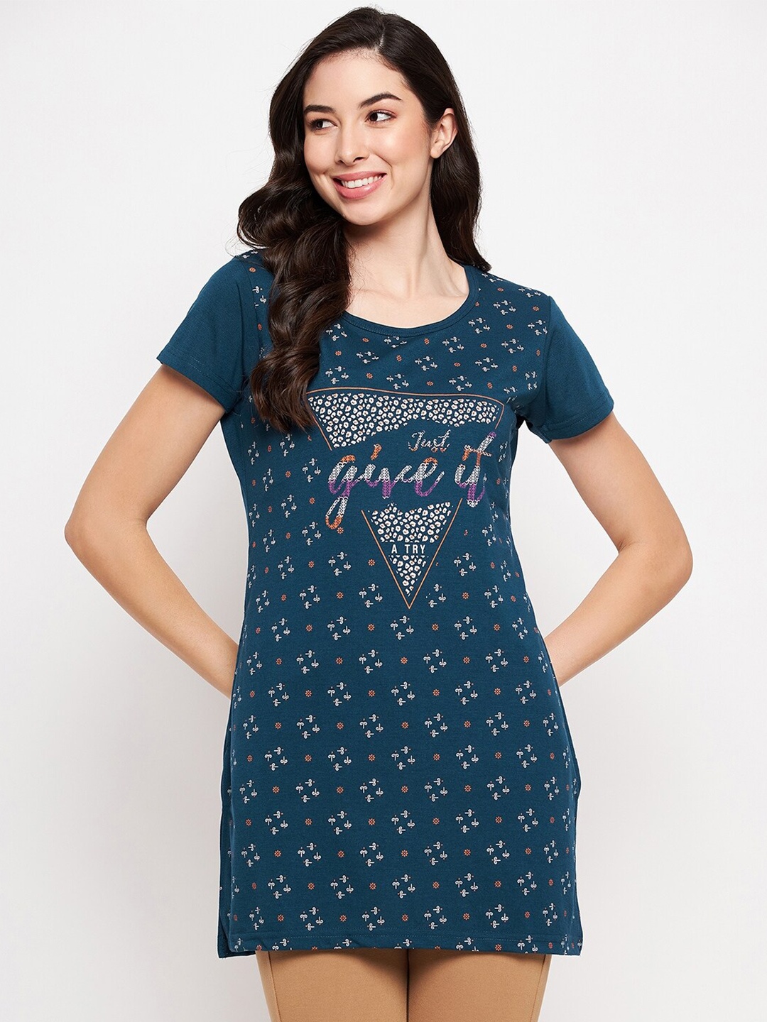 

VERO AMORE Typography Printed Cotton Knitted Longline Lounge T-shirt, Teal