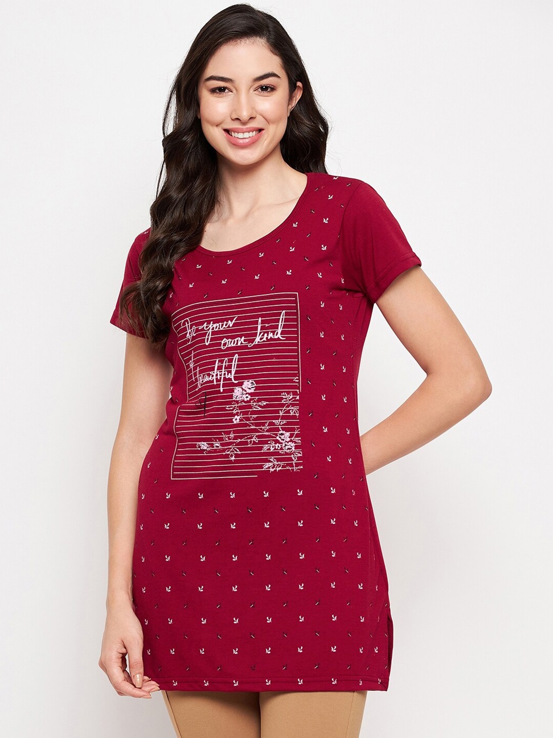 

VERO AMORE Typography Printed Cotton Knitted Longline Lounge T-shirt, Maroon