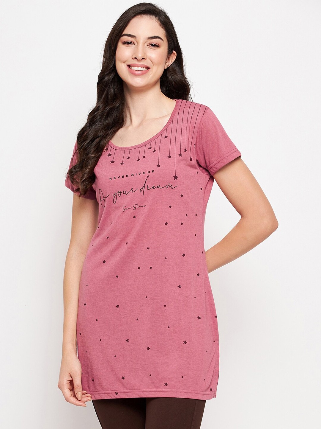 

VERO AMORE Typography Printed Cotton Knitted Longline Lounge T-shirt, Pink