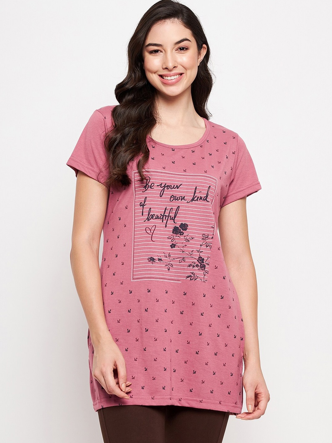 

VERO AMORE Typography Printed Cotton Knitted Longline Lounge T-shirt, Pink