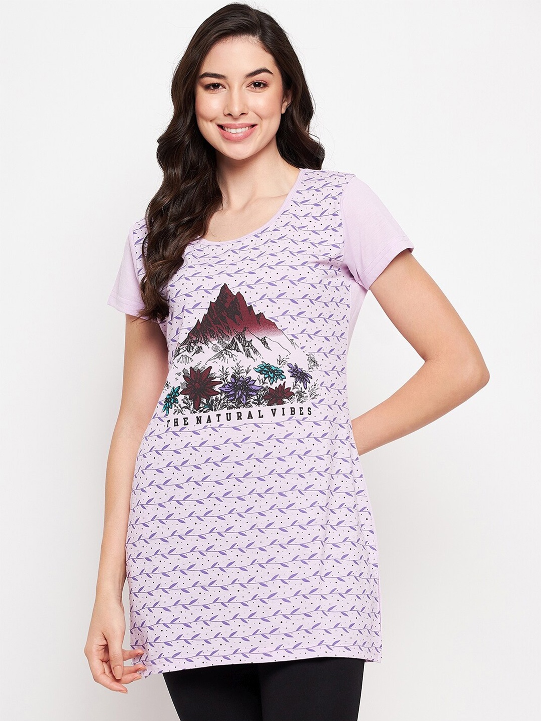 

VERO AMORE Printed Cotton Knitted Longline Lounge T-shirt, Lavender