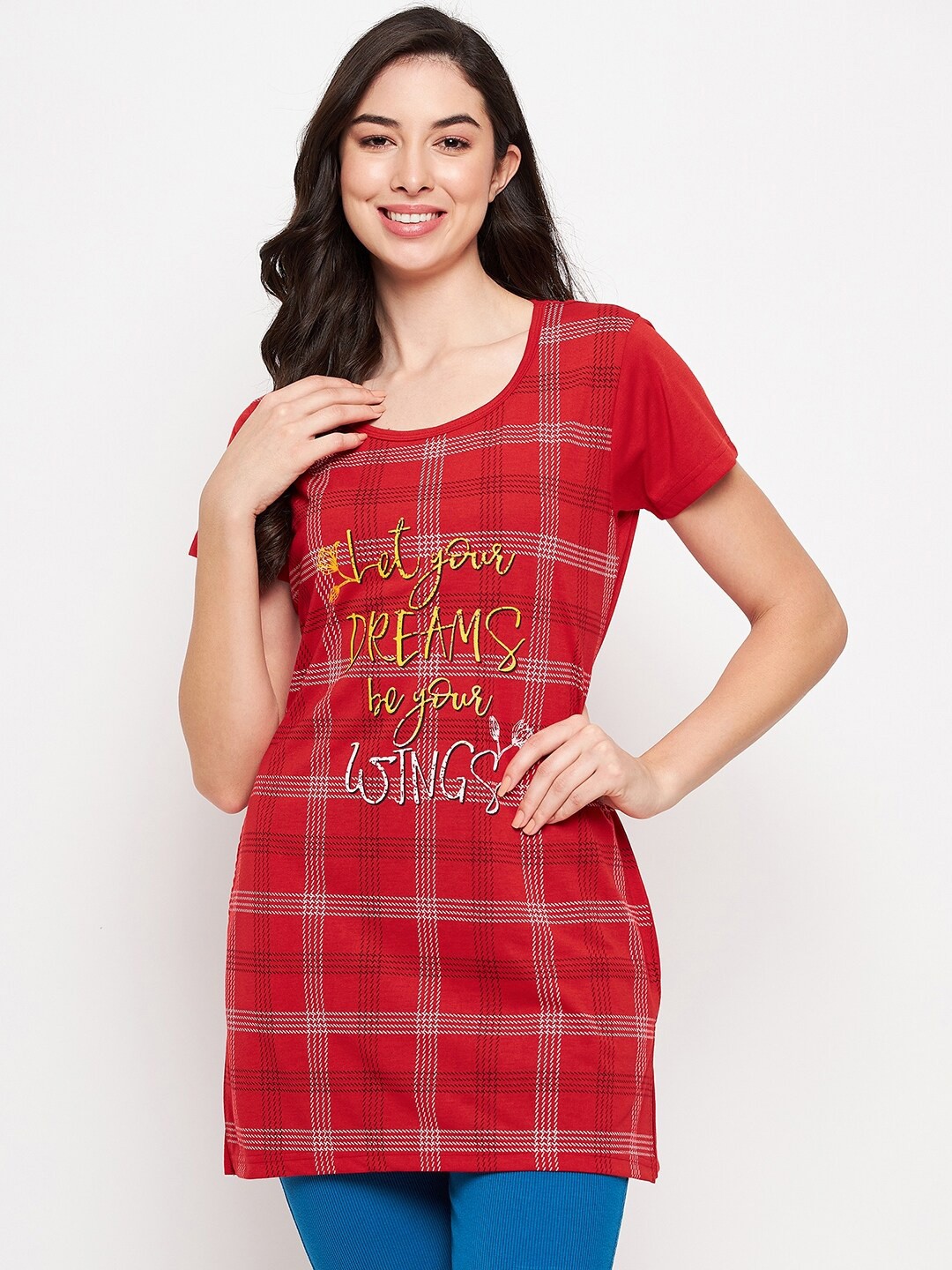 

VERO AMORE Checked Cotton Knitted Longline Lounge T-shirt, Red