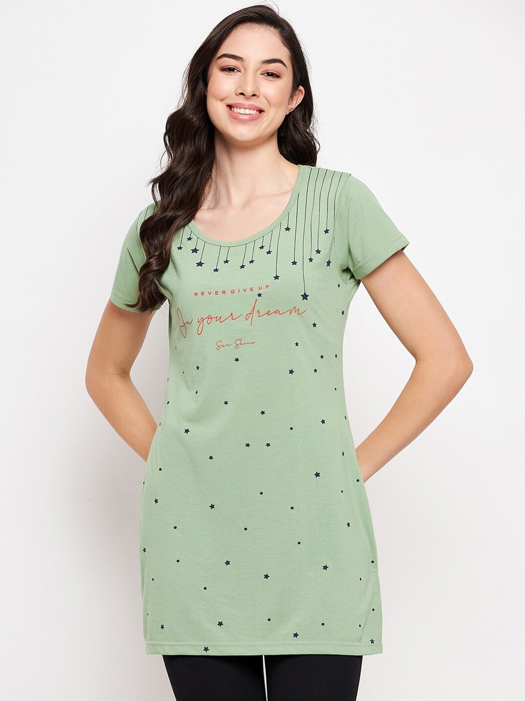 

VERO AMORE Typography Printed Cotton Knitted Longline Lounge T-shirt, Sea green