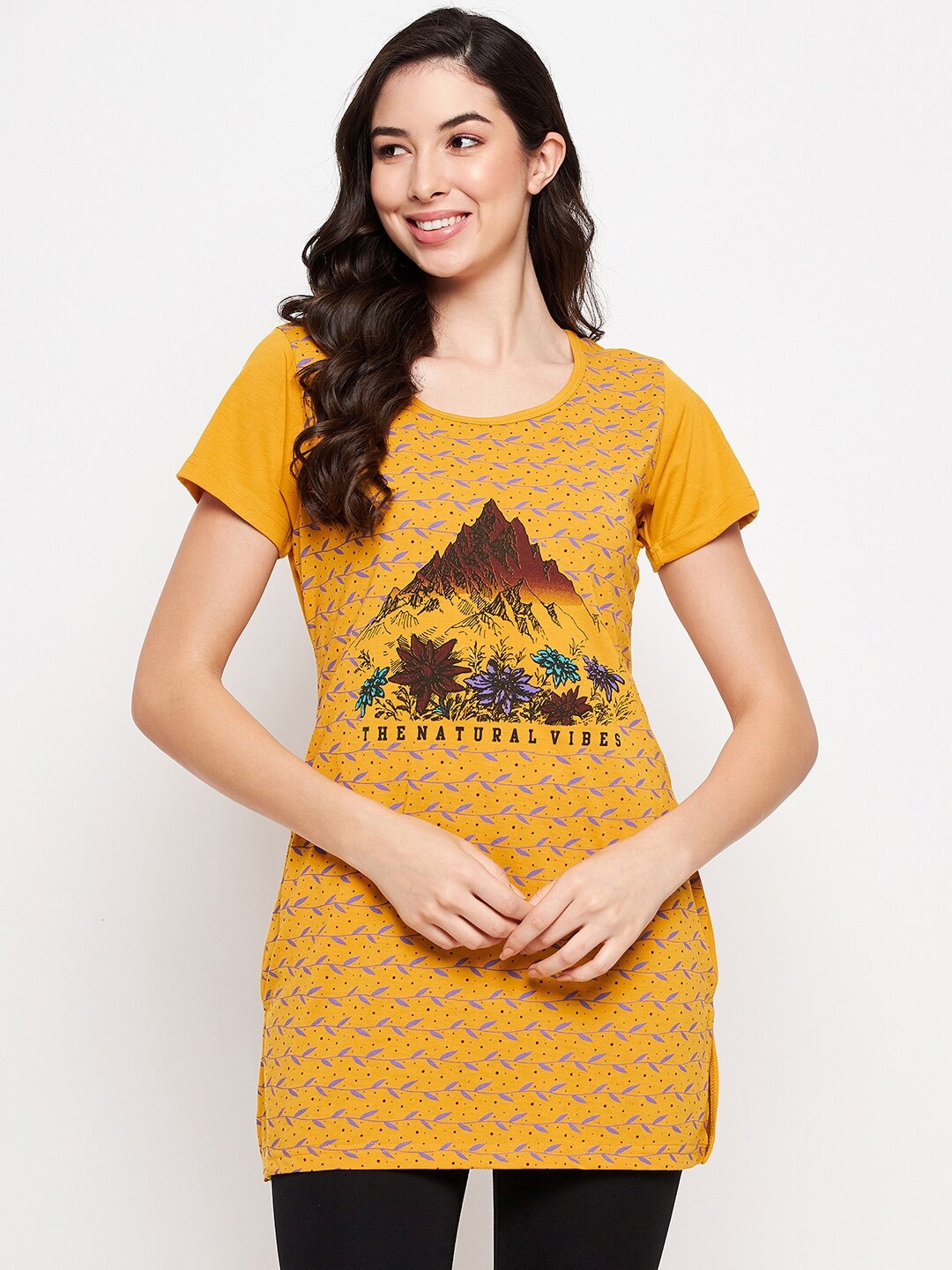 

VERO AMORE Printed Cotton Knitted Longline Lounge T-shirt, Mustard