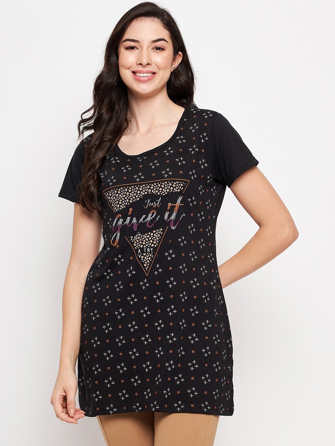 

VERO AMORE Typography Printed Cotton Knitted Longline Lounge T-shirt, Black