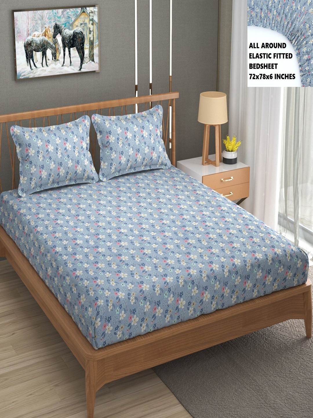 

BELVOSTUM Blue & White Floral 200 TC Fitted Cotton King Bedsheet with 2 Pillow Covers
