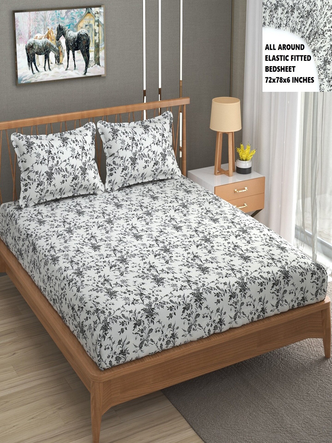 

BELVOSTUM Black & White Floral 200 TC Fitted Cotton King Bedsheet with 2 Pillow Covers