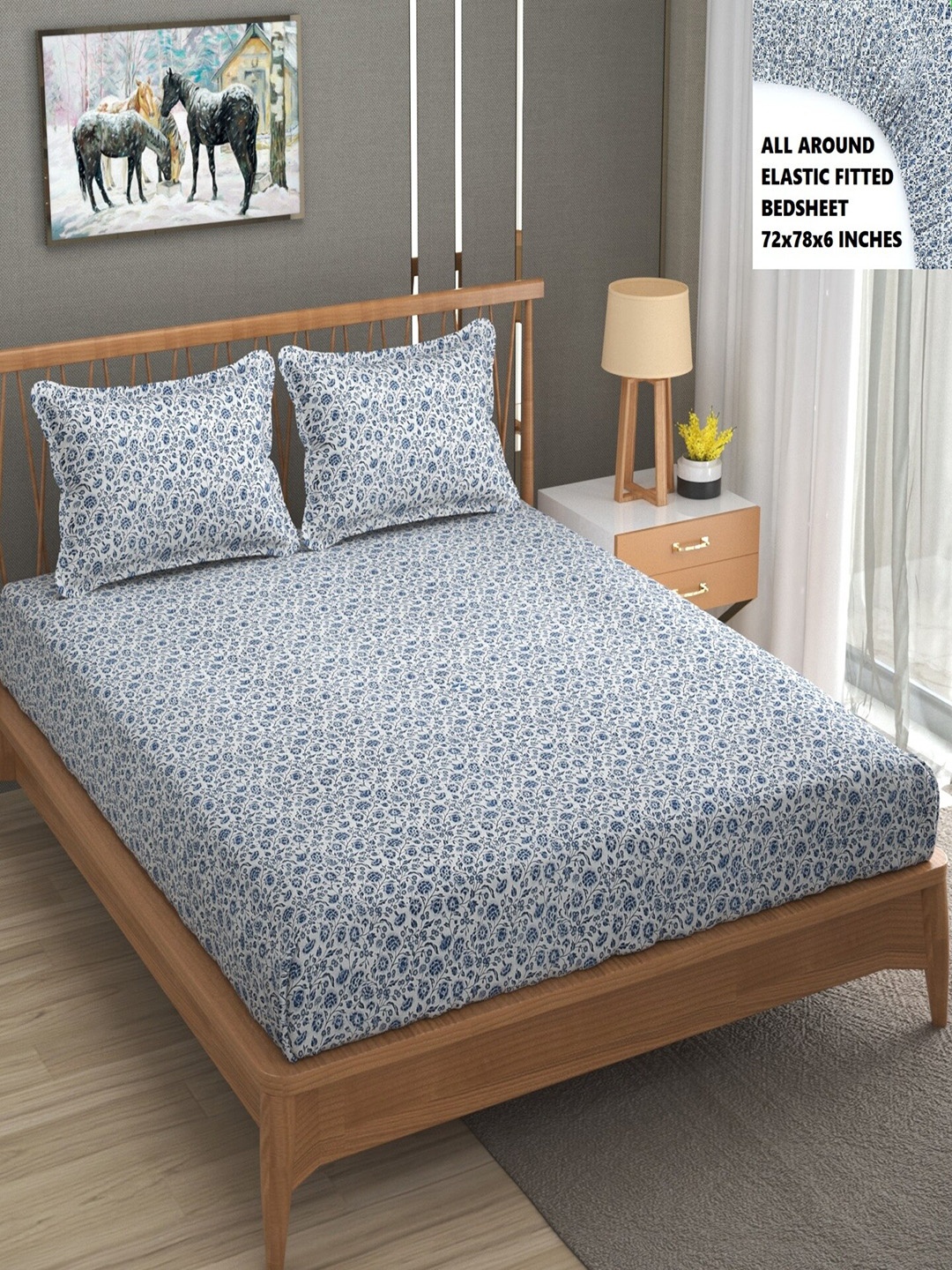 

BELVOSTUM White & Blue Floral 200 TC Fitted Cotton King Bedsheet with 2 Pillow Covers