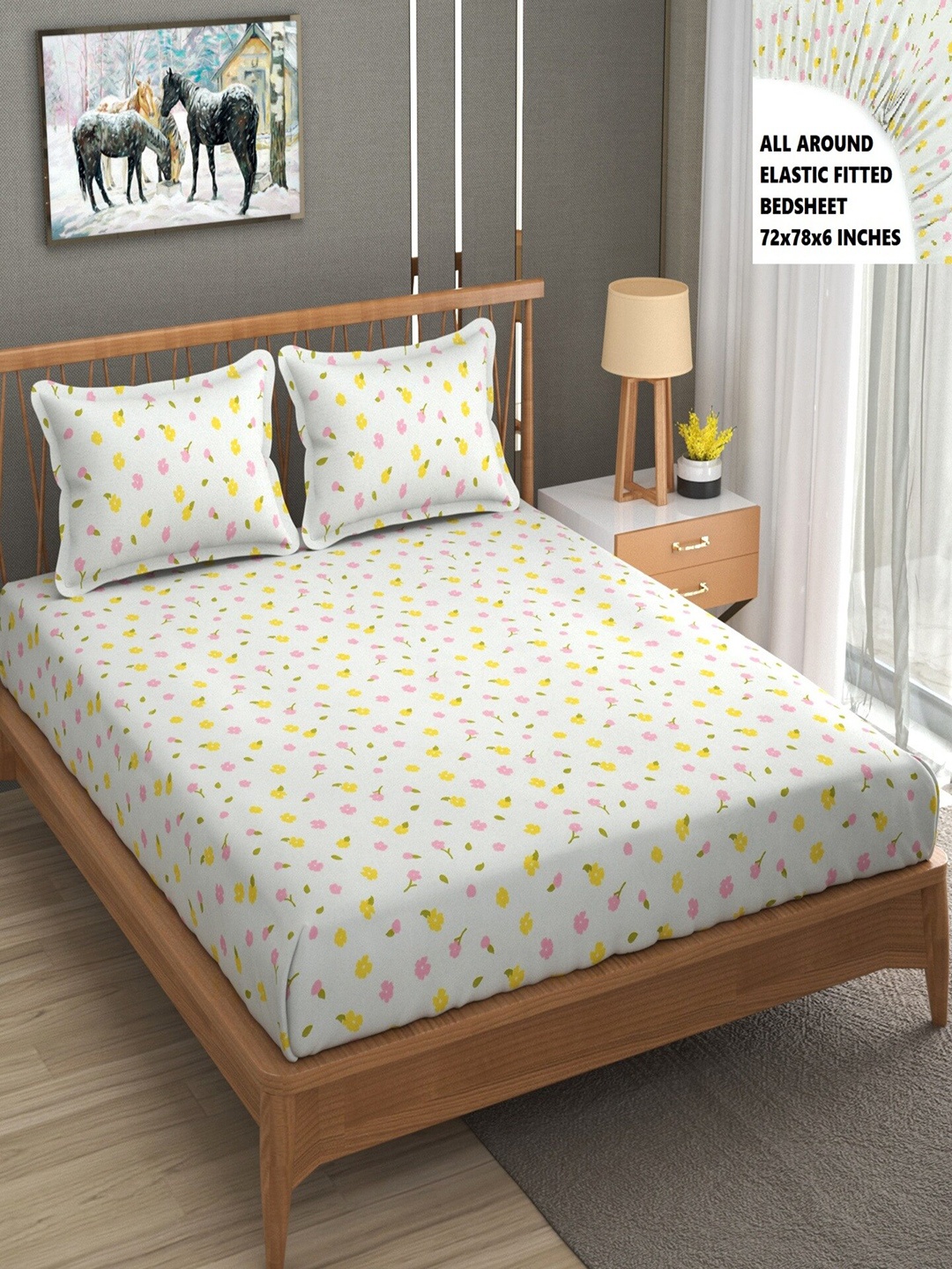 

BELVOSTUM Cream & Yellow Floral 200 TC Fitted Cotton King Bedsheet with 2 Pillow Covers