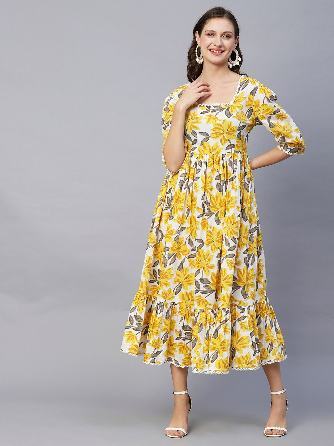 

FASHOR Yellow Floral Printed Square Neck Puff Sleeve Cotton Fit And Flare Dress, White