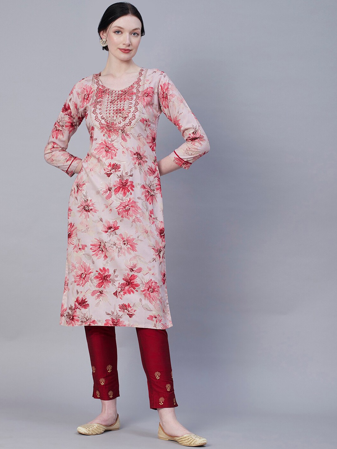 

FASHOR Pink Floral Printed Zari Dori Embroidered Kurta