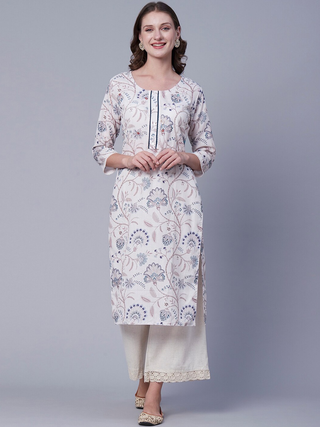 

FASHOR White Floral Printed Embroidered Kurta