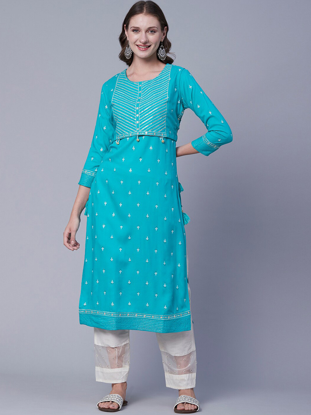 

FASHOR Blue Ethnic Motifs Printed Sequinned Kurta
