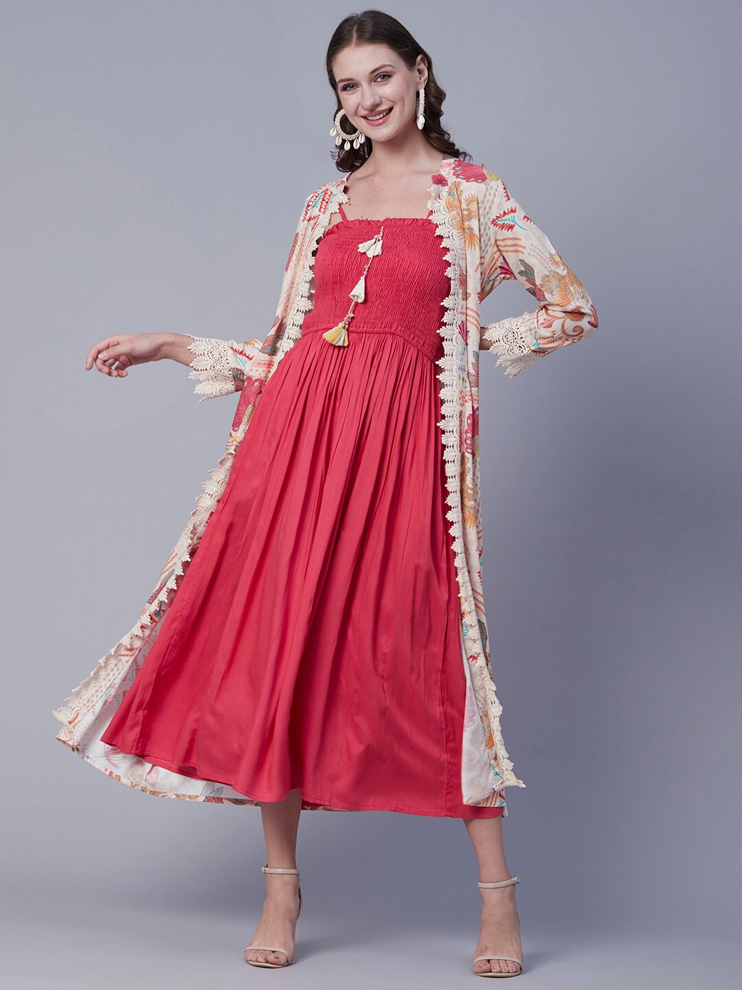 

FASHOR Coral Shoulder Strapped Fit & Flare Midi Dress With Crochet Long Jacket