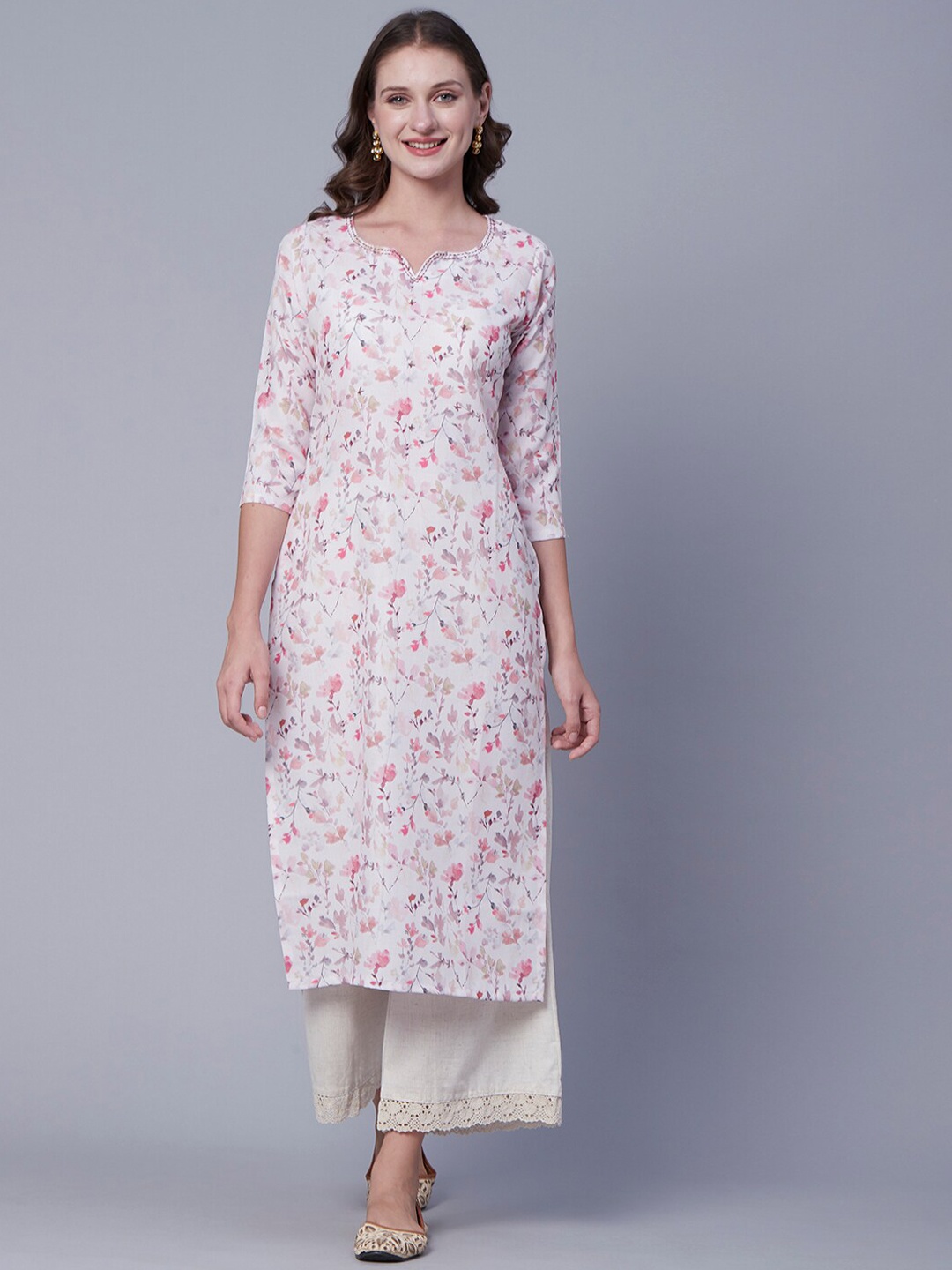 

FASHOR Pink Floral Printed Notched Neck Kurta