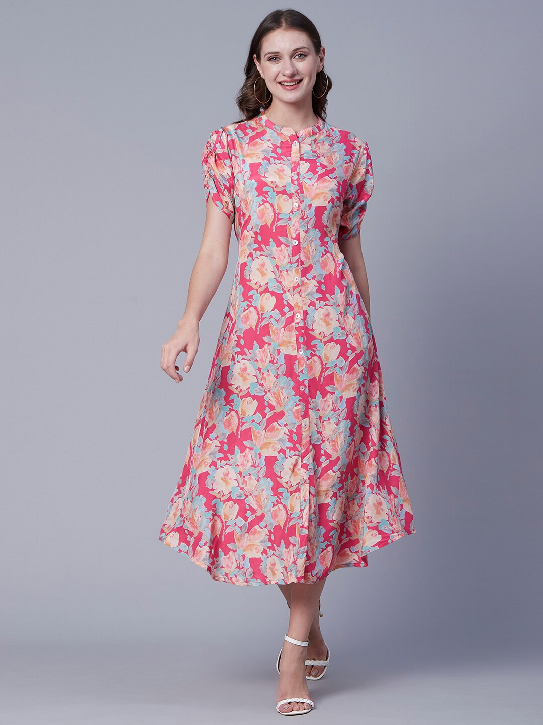 

FASHOR Pink Floral Printed Mandarin collar Ruched Sleeves A-Line Midi Dress