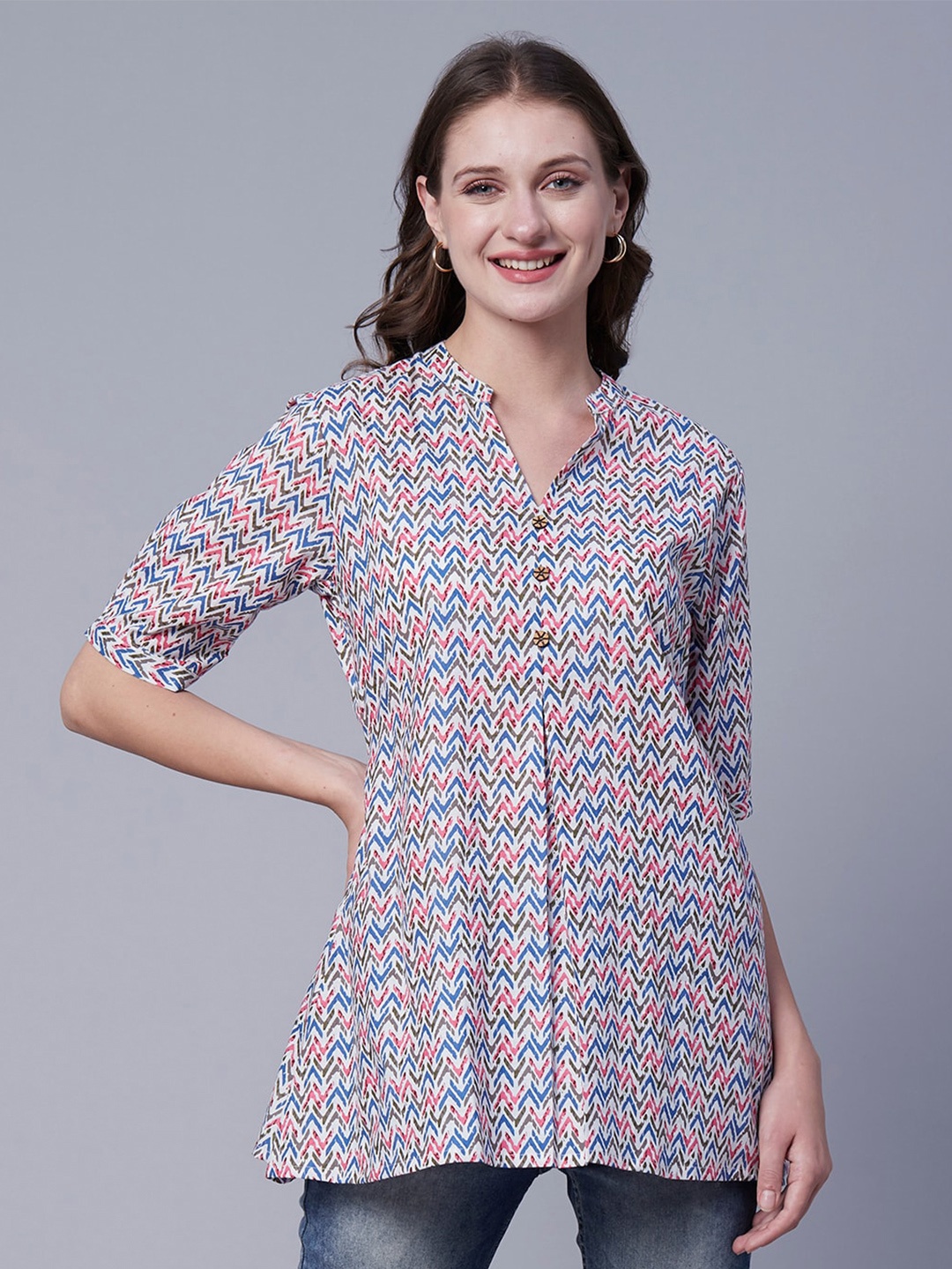 

FASHOR White & Blue Chevron Printed Mandarin Collar A-Line Pure Cotton Kurti