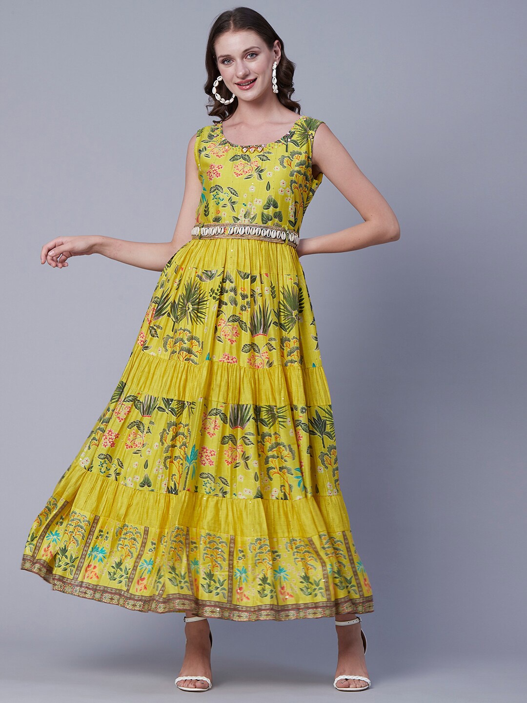 

FASHOR Yellow Floral Printed Sleeveless Tiered Maxi Ethnic Dress With Belt
