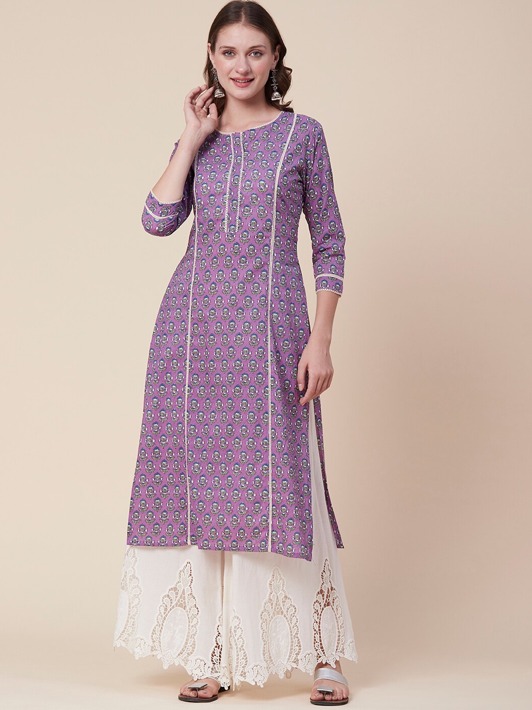 

FASHOR Purple Ethnic Motifs Printed Panelled Pure Cotton Kurta